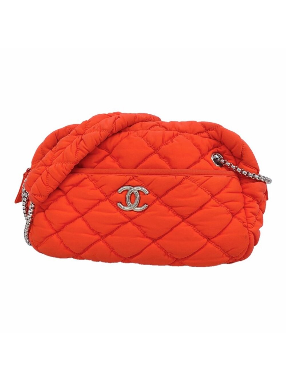 Chanel Shoulder Bag Bubble Quilt Nylon Red Silver